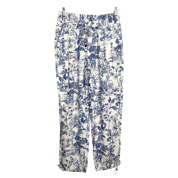 Nicole Miller Pants M White Blue Toile Linen Blend Pull On Resort Vacation - Picture 2 of 9